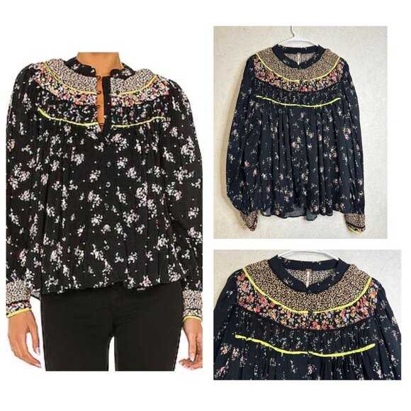 FREE PEOPLE Paloma Peasant Sleeve Blouse Top Floral Boho Cottagecore MEDIUM - Picture 1 of 13